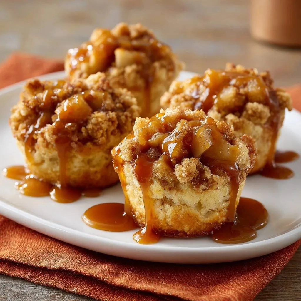 Caramel apple crumb muffins with crunchy streusel, generously drizzled with golden caramel sauce.