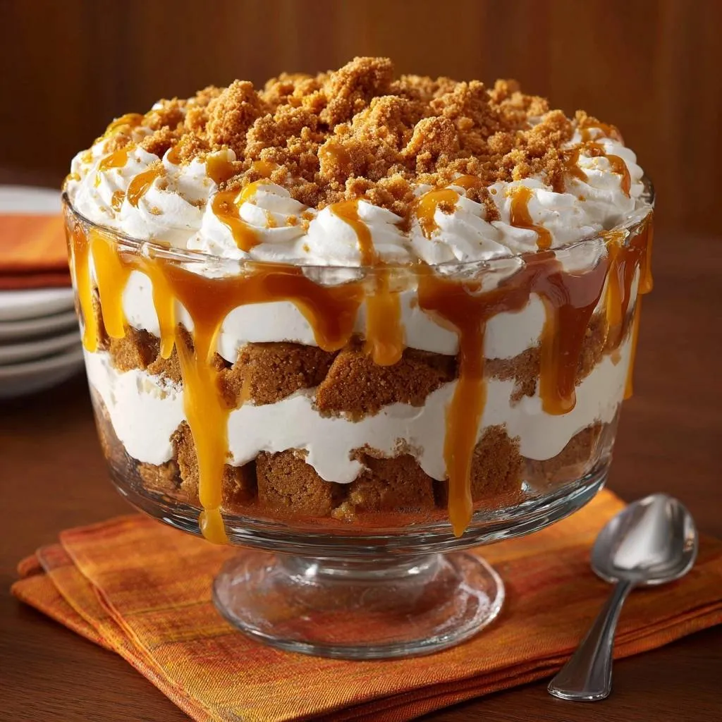 Caramel apple trifle with layers of cake, cream, and caramel sauce drizzled over the top.