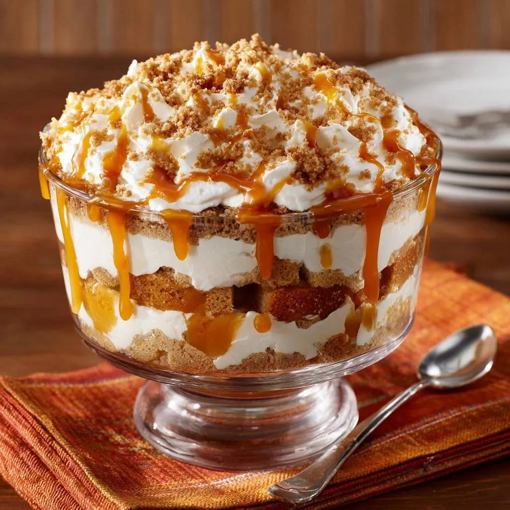 Caramel apple trifle presented in a glass bowl, showcasing its distinct layers of cake, cream, and caramel sauce.