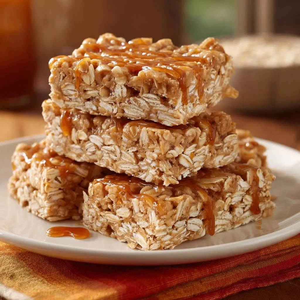 Caramel oat squares stacked high with a glistening caramel glaze dripping down the sides.