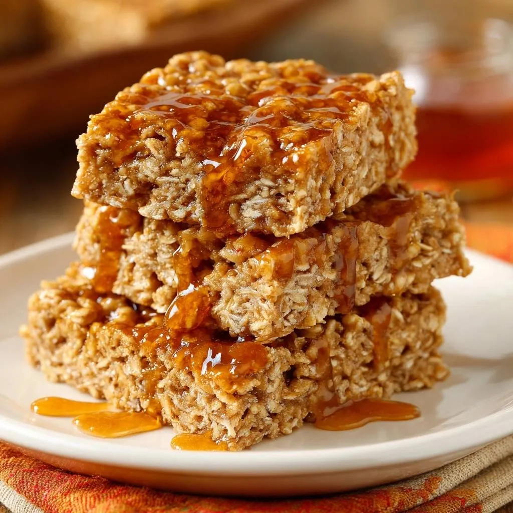 Caramel oat squares stacked high and drizzled with glistening caramel glaze, showcasing their chewy texture.