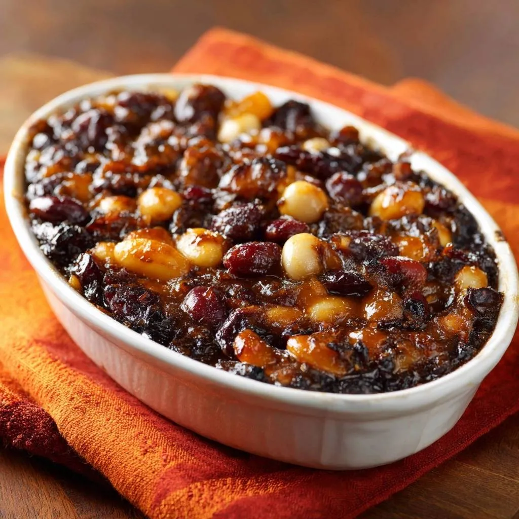 Caramelized butter bean and prune bake presented in a white oval dish, showcasing its rich, glossy texture and fruit inclusions.