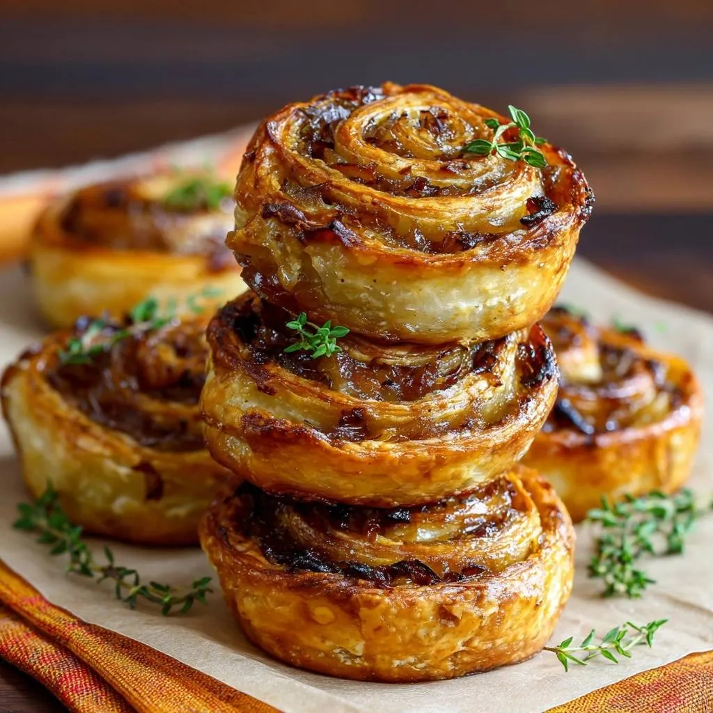 Caramelized onion puff pastry spirals stacked in a close-up view, garnished with fresh thyme sprigs.
