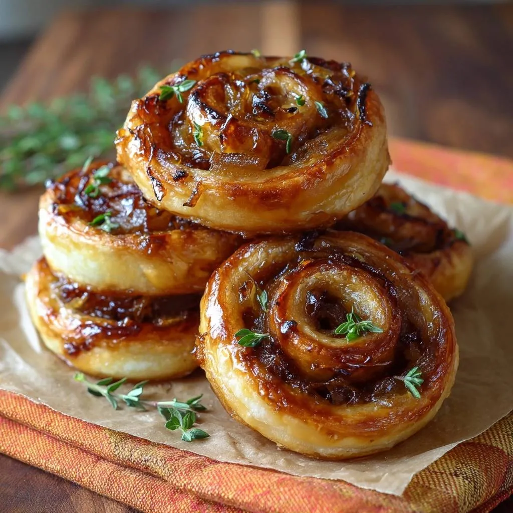 Caramelized onion puff pastry spirals stacked closely, showcasing golden-brown layers and fresh thyme garnish.