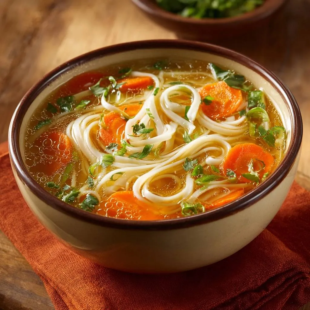 Cozy carrot noodle soup shown in a close-up view of a bowl with noodles, carrots, and herbs.