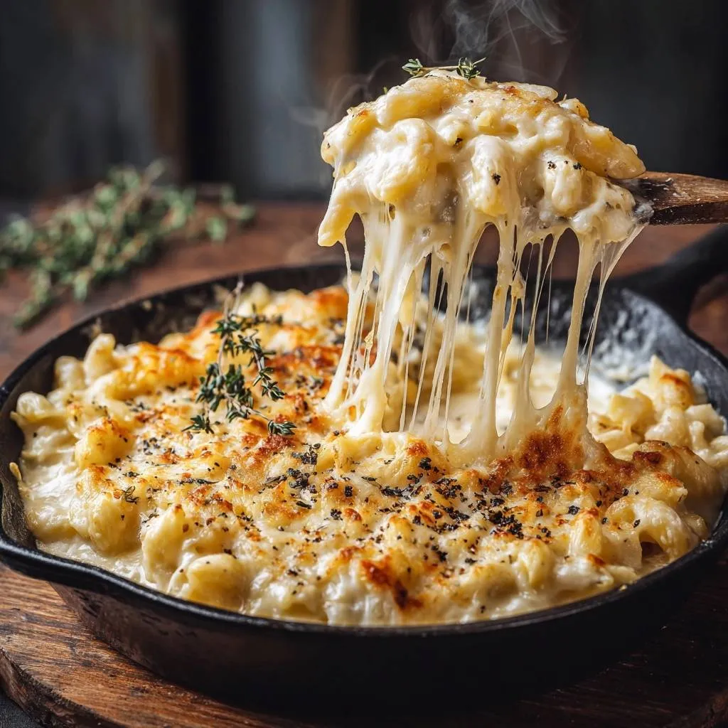 Cast iron mac and cheese with a gooey cheese pull captured on a wooden spoon, fresh thyme garnish.
