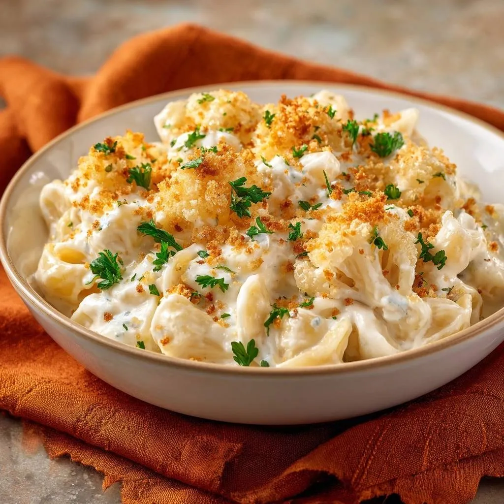 Cauliflower mac and cheese featuring a topping of golden breadcrumbs and fresh parsley garnish.