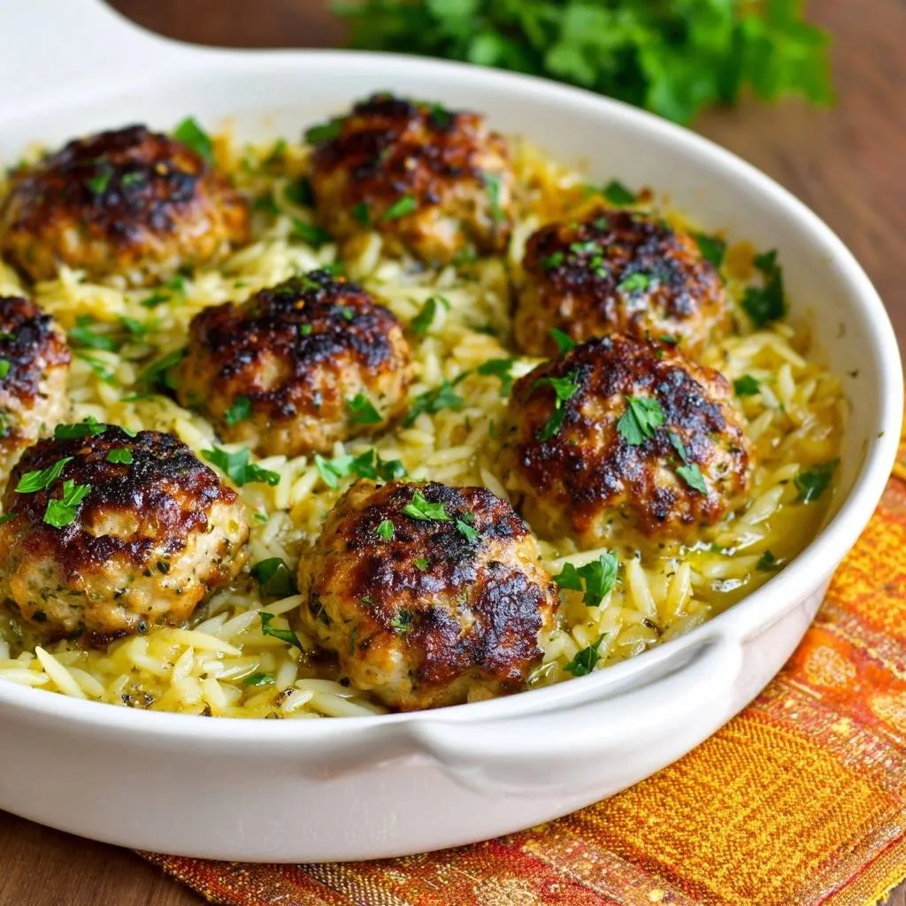 Charred chicken masala served in a white dish with orzo and fresh parsley garnish