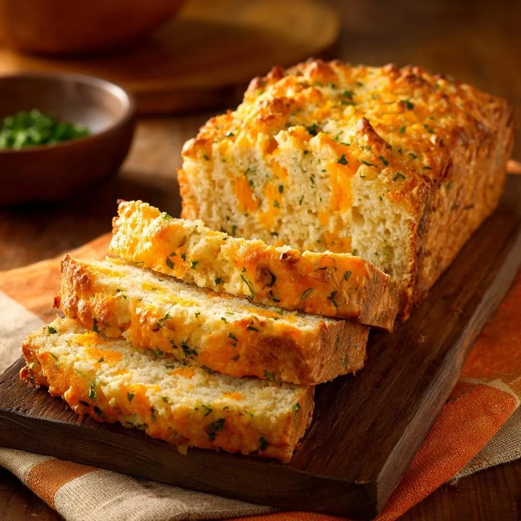 Cheddar chive bread, a foolproof no-sink cheese loaf, shown sliced to reveal its cheesy interior texture.