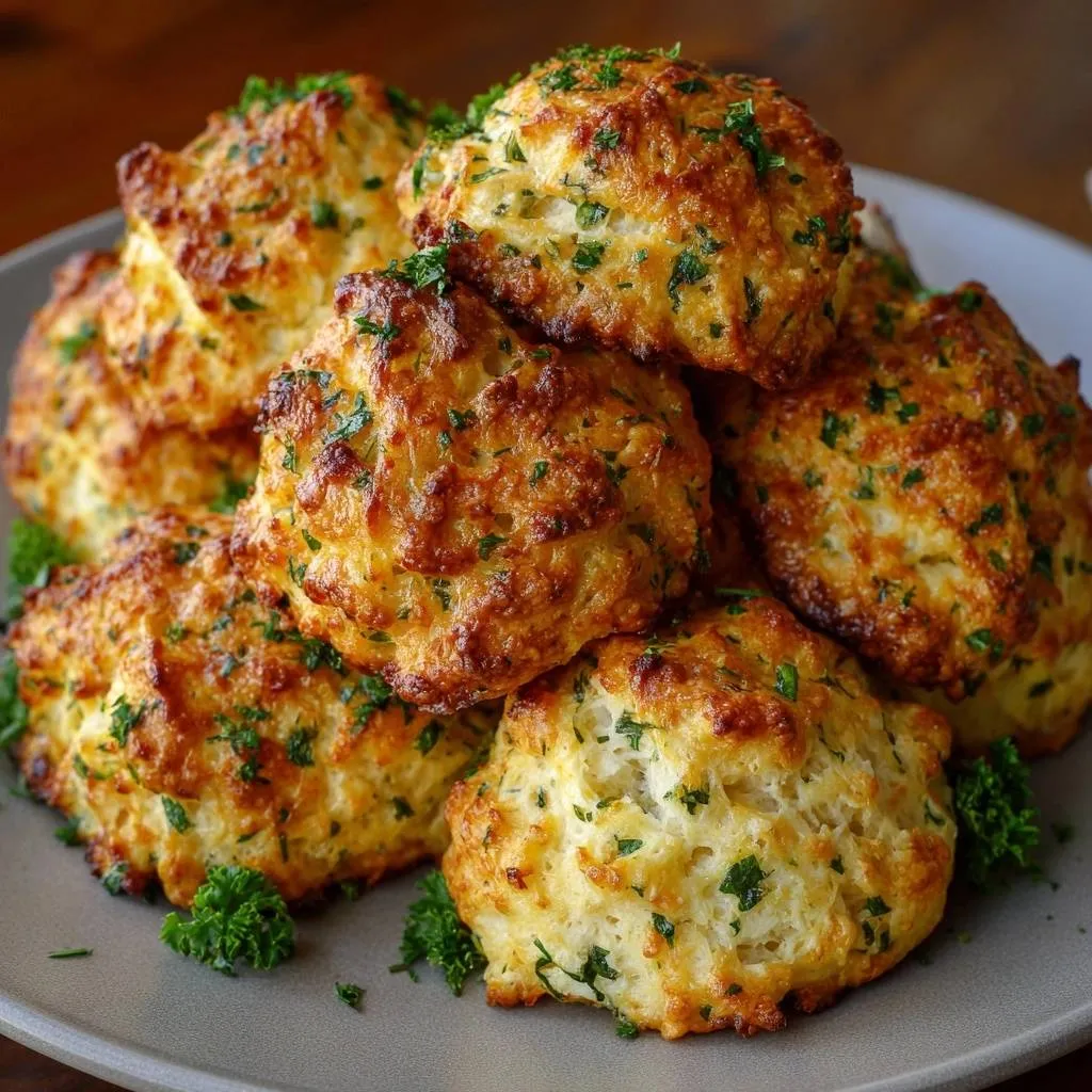 Cheddar parsley biscuits with flaky layers stacked on a plate and garnished with fresh parsley.