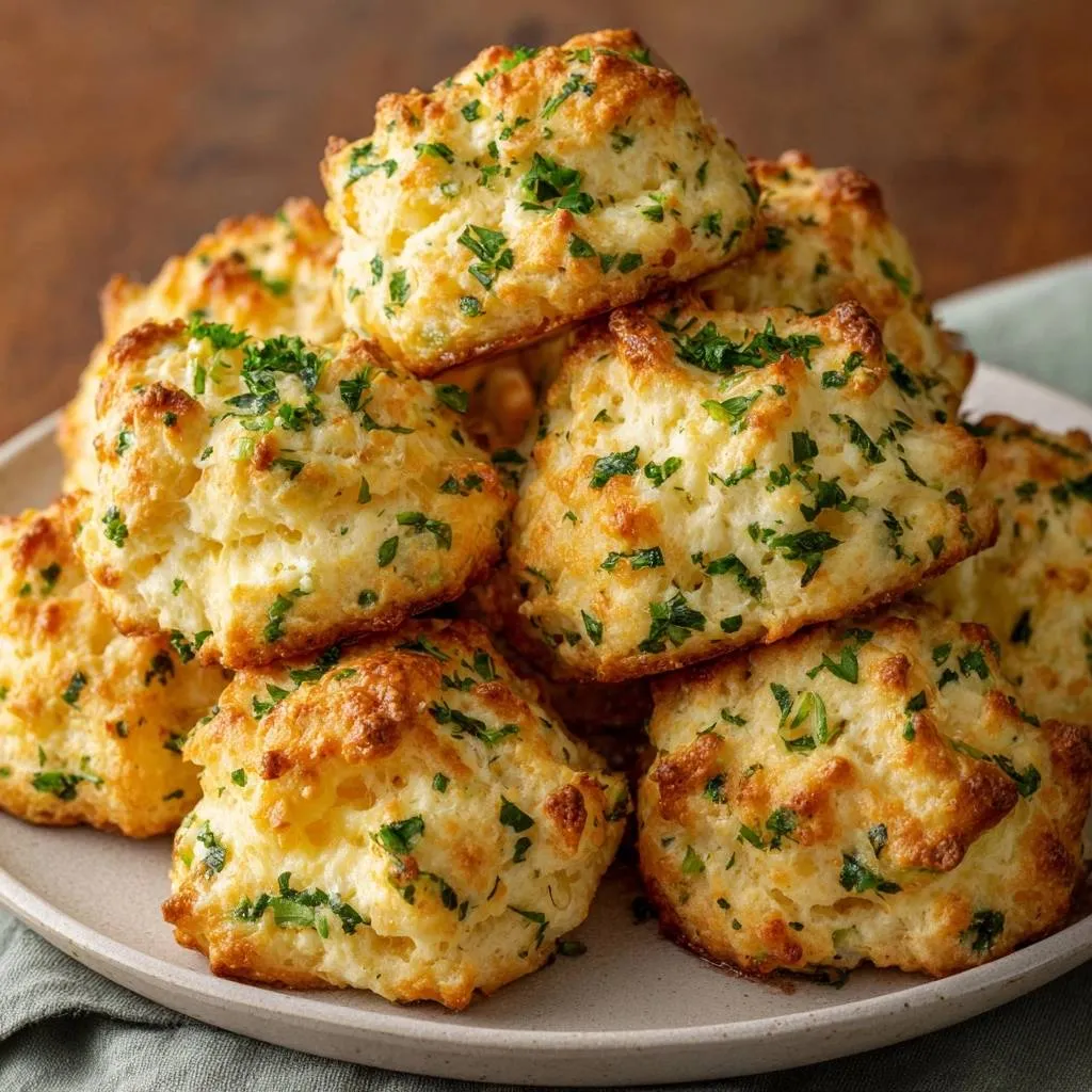 Cheddar parsley biscuits with flaky layers stacked high on a plate, showcasing their golden-brown tops and fresh parsley garnish.