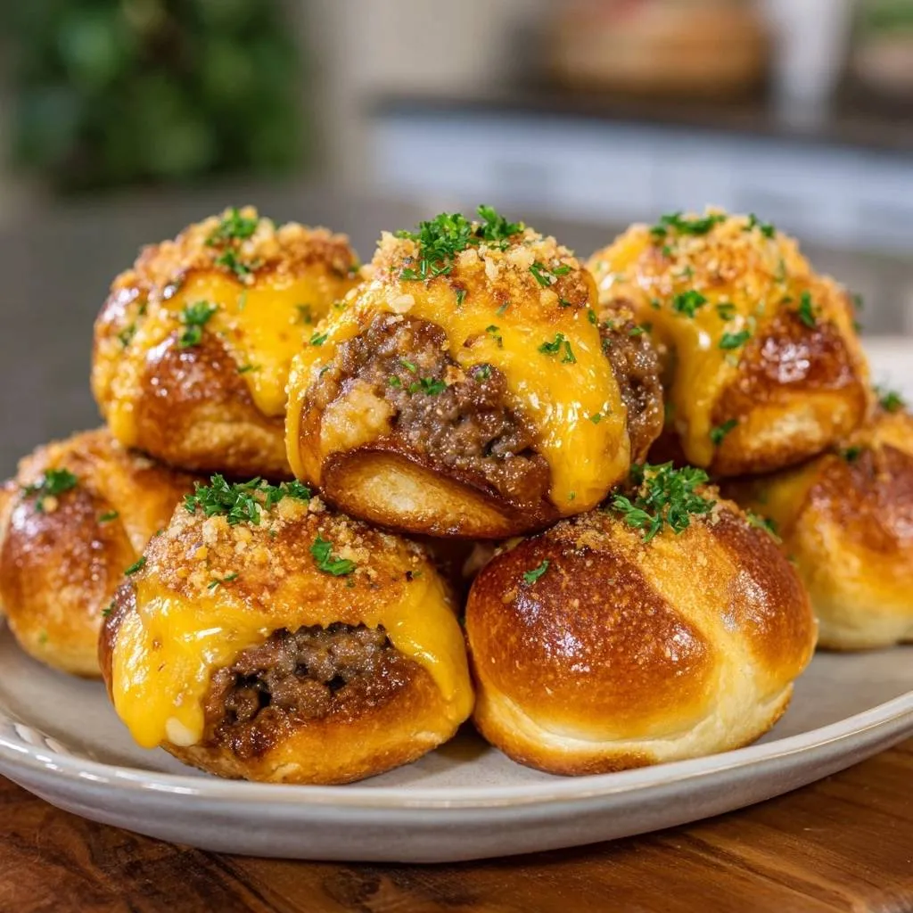 Cheeseburger bombs topped with melted cheese and fresh parsley garnish, showcasing a golden-brown bun.