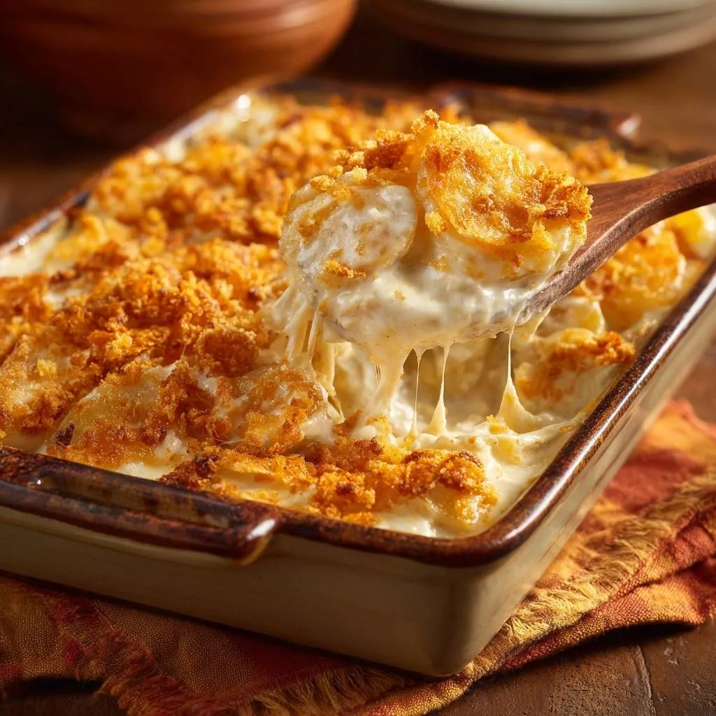 Cheesy au gratin potatoes with a spoonful being lifted, showing gooey cheese and a golden topping.