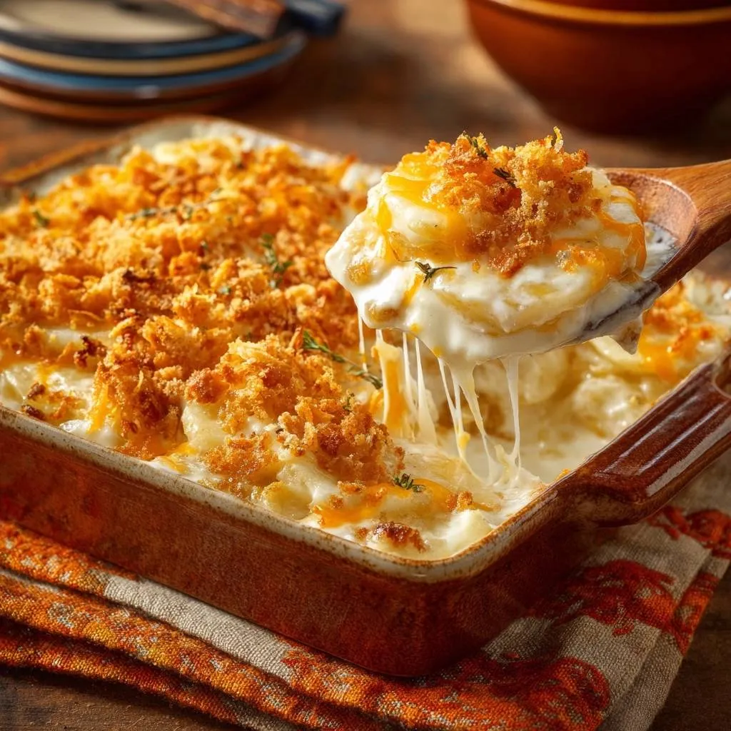 Cheesy au gratin potatoes being lifted with a spoon, showing strings of melted cheese and a golden breadcrumb topping.