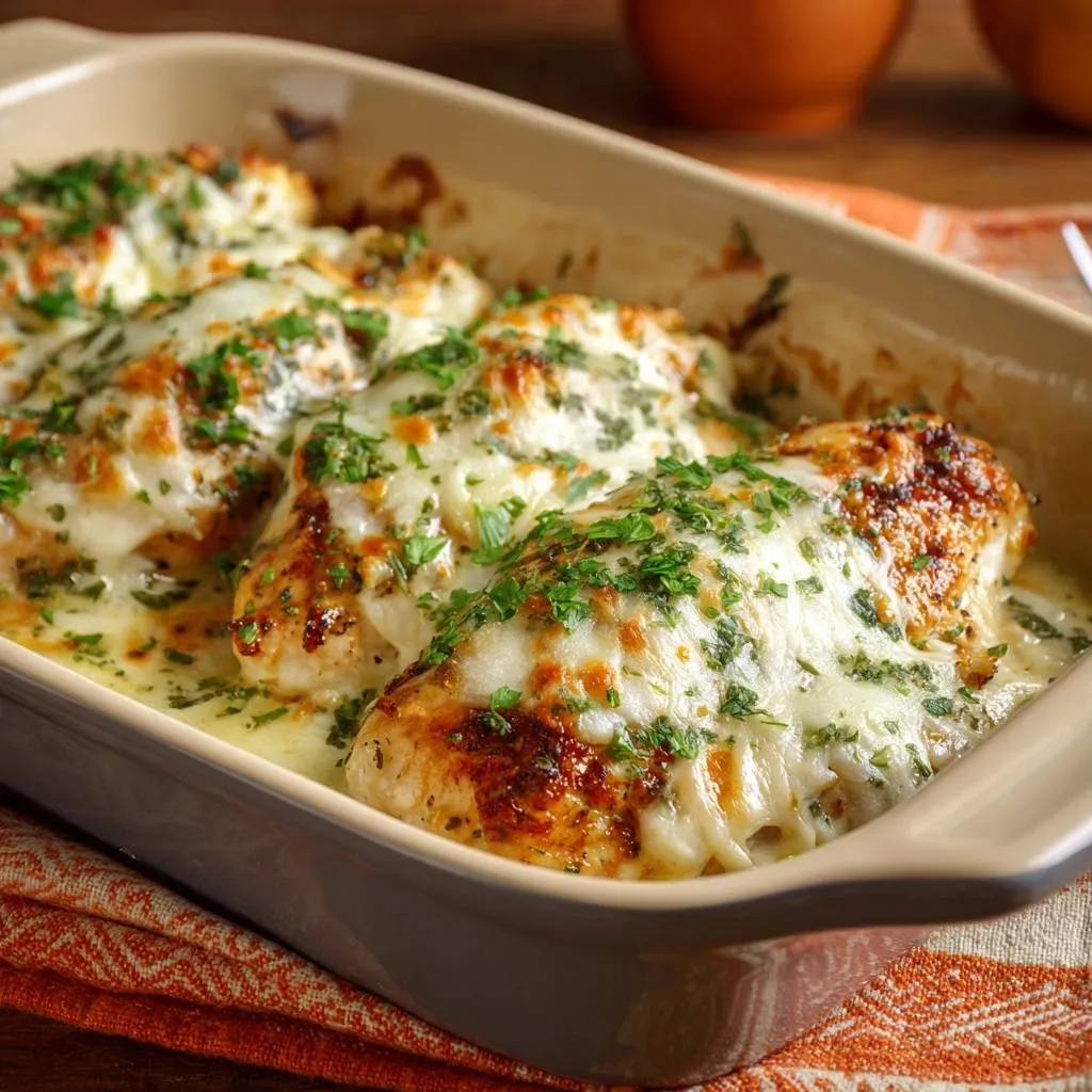 Cheesy baked chicken breasts shown in a baking dish, covered in melted cheese and garnished with fresh parsley.