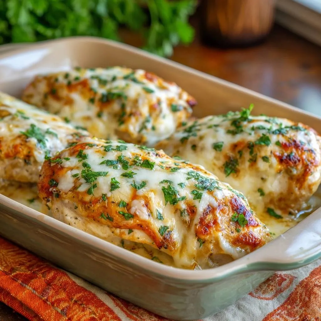 Cheesy baked chicken breasts covered in gooey melted mozzarella and fresh parsley in a baking dish.