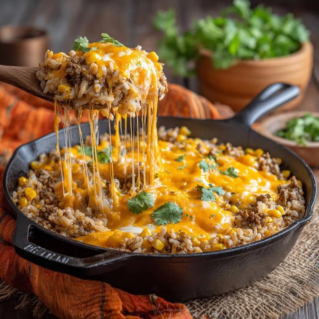 Cheesy beef and corn rice skillet with a generous cheese pull being lifted by a wooden spoon.
