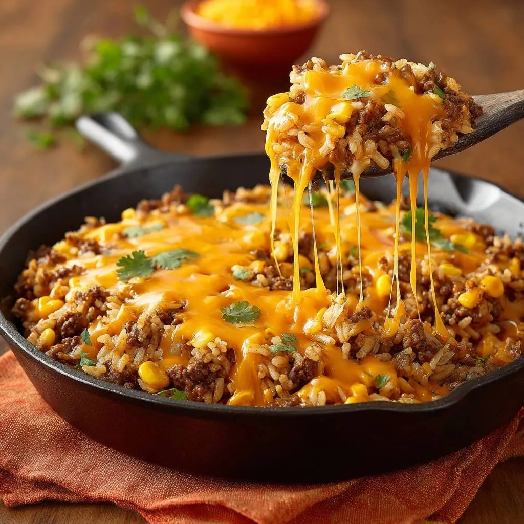 Cheesy beef and corn rice skillet with melted cheddar cheese stretching from a wooden spoon.