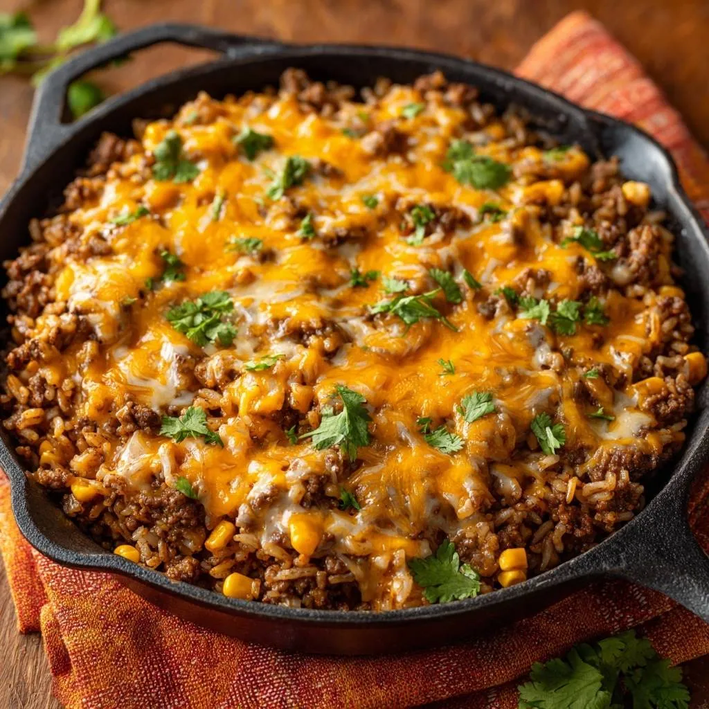 Cheesy beef corn rice skillet topped with melted cheddar cheese and fresh cilantro garnish in a cast iron pan.