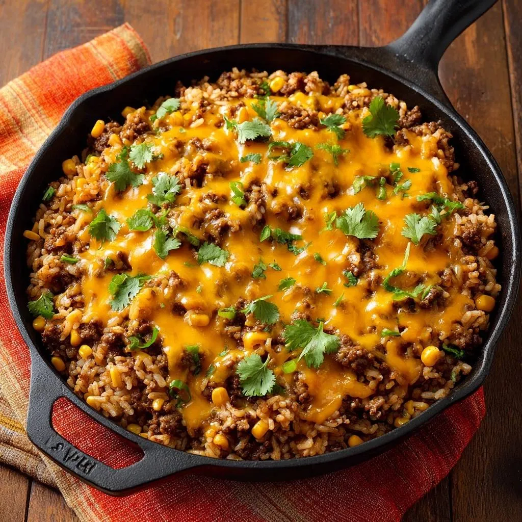 Cheesy beef corn rice skillet shown from an overhead view, with melted cheddar cheese and fresh cilantro garnish.