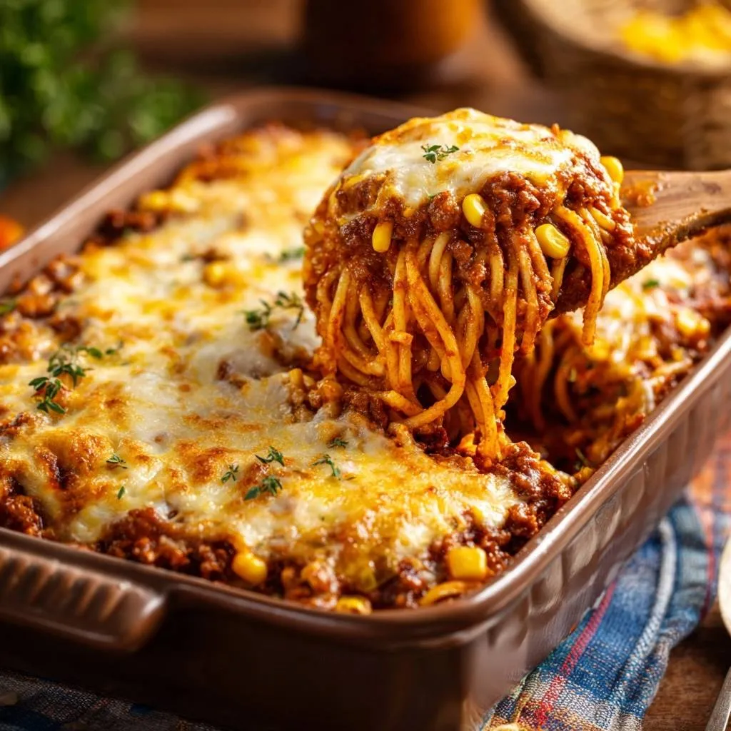 Cheesy beef and corn spaghetti bake being lifted from the dish with a wooden spoon, showing a generous portion.