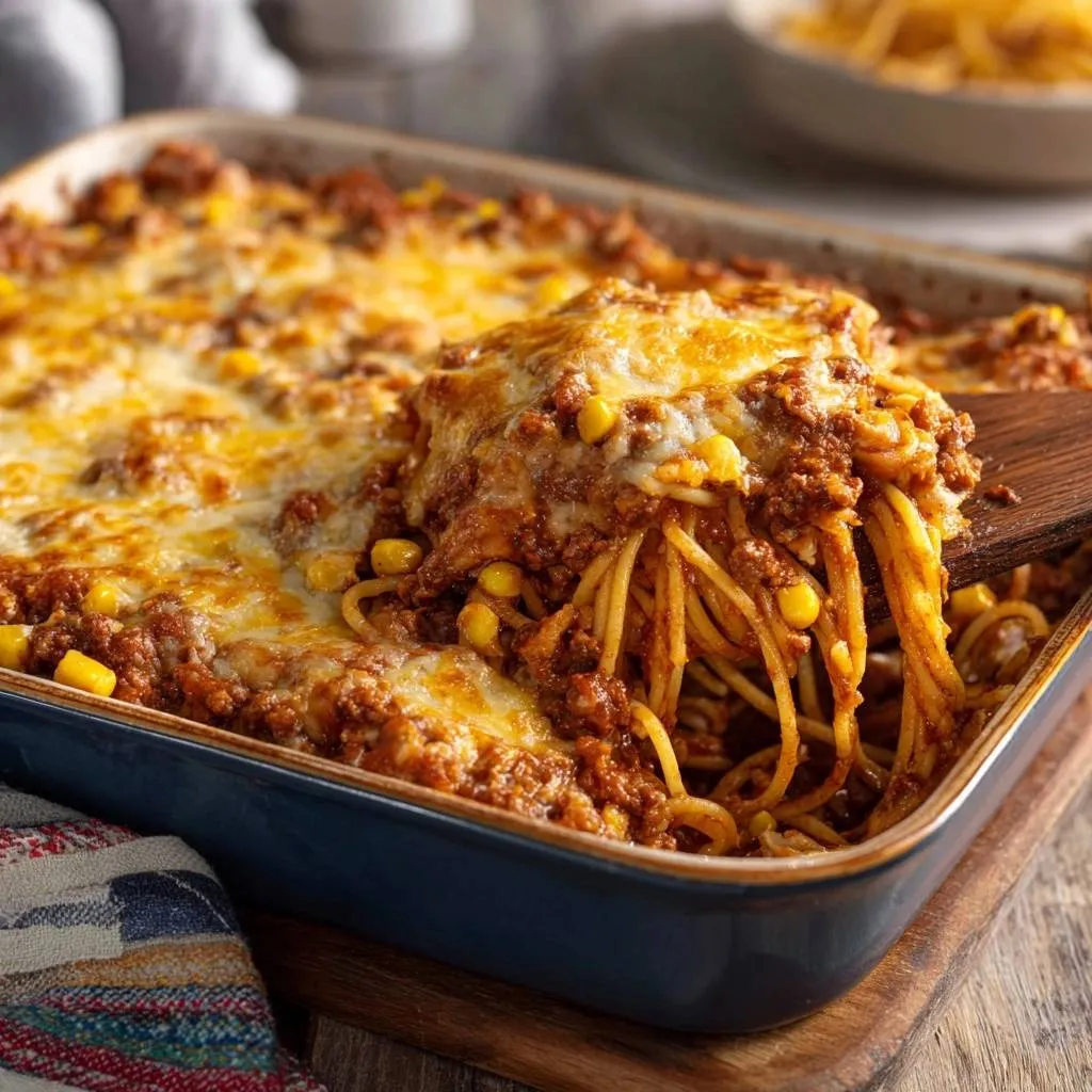 Cheesy beef and corn spaghetti bake, with a wooden spoon scooping out a serving showcasing the cheesy, meaty pasta and corn.