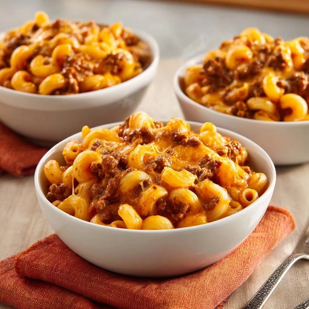Cheesy beef mac in three white bowls, with the front serving shown in a close-up perspective.