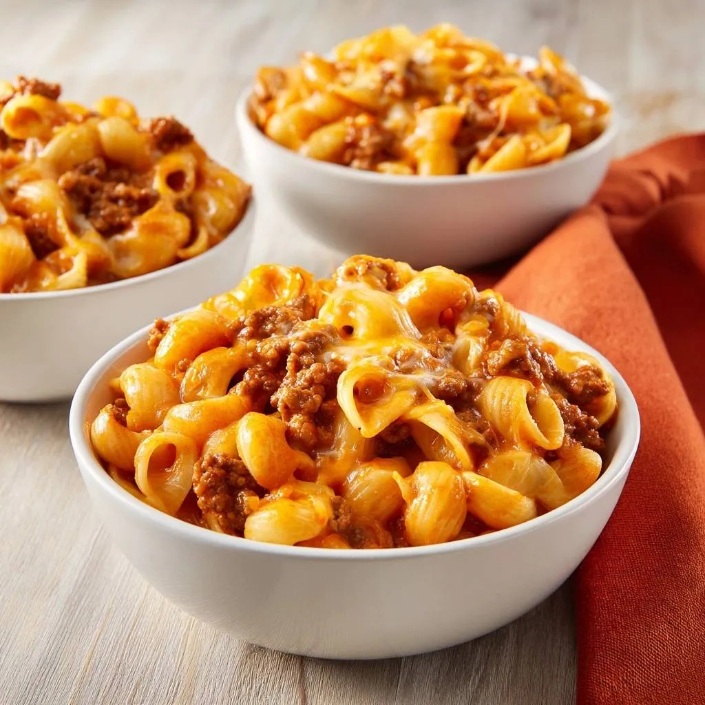 Cheesy beef mac without the grease served in white bowls, showing a close-up side view of the pasta and meat mixture.