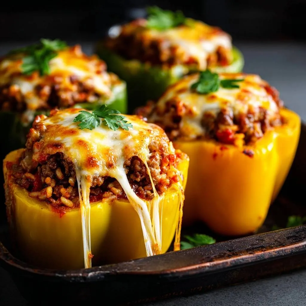 Cheesy beef stuffed peppers with gooey melted cheese dripping down the sides, garnished with parsley.