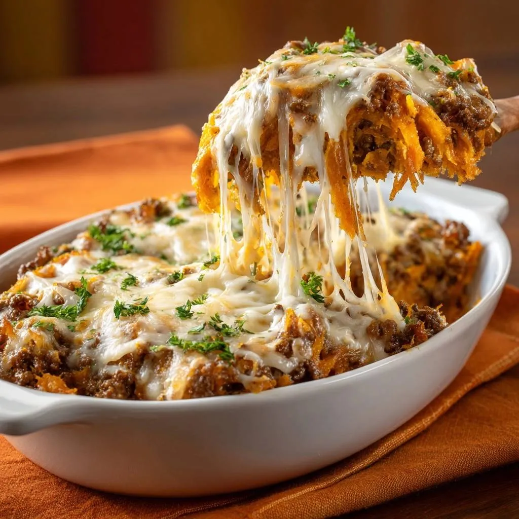 Cheesy beef sweet potato noodle bake with a dramatic cheese pull as a serving is lifted from the dish.