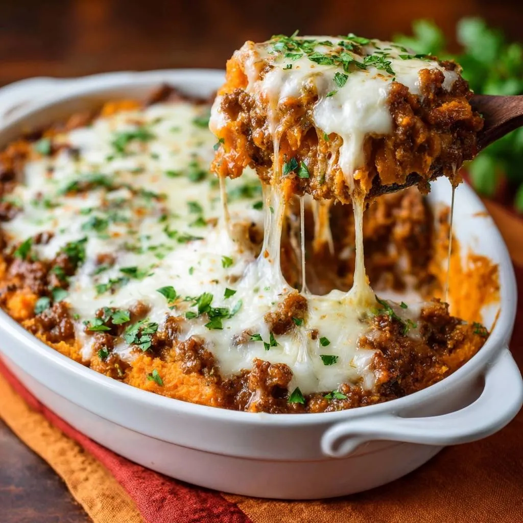 Cheesy beef sweet potato noodle bake with gooey cheese stretching from a spoonful, garnished with parsley.