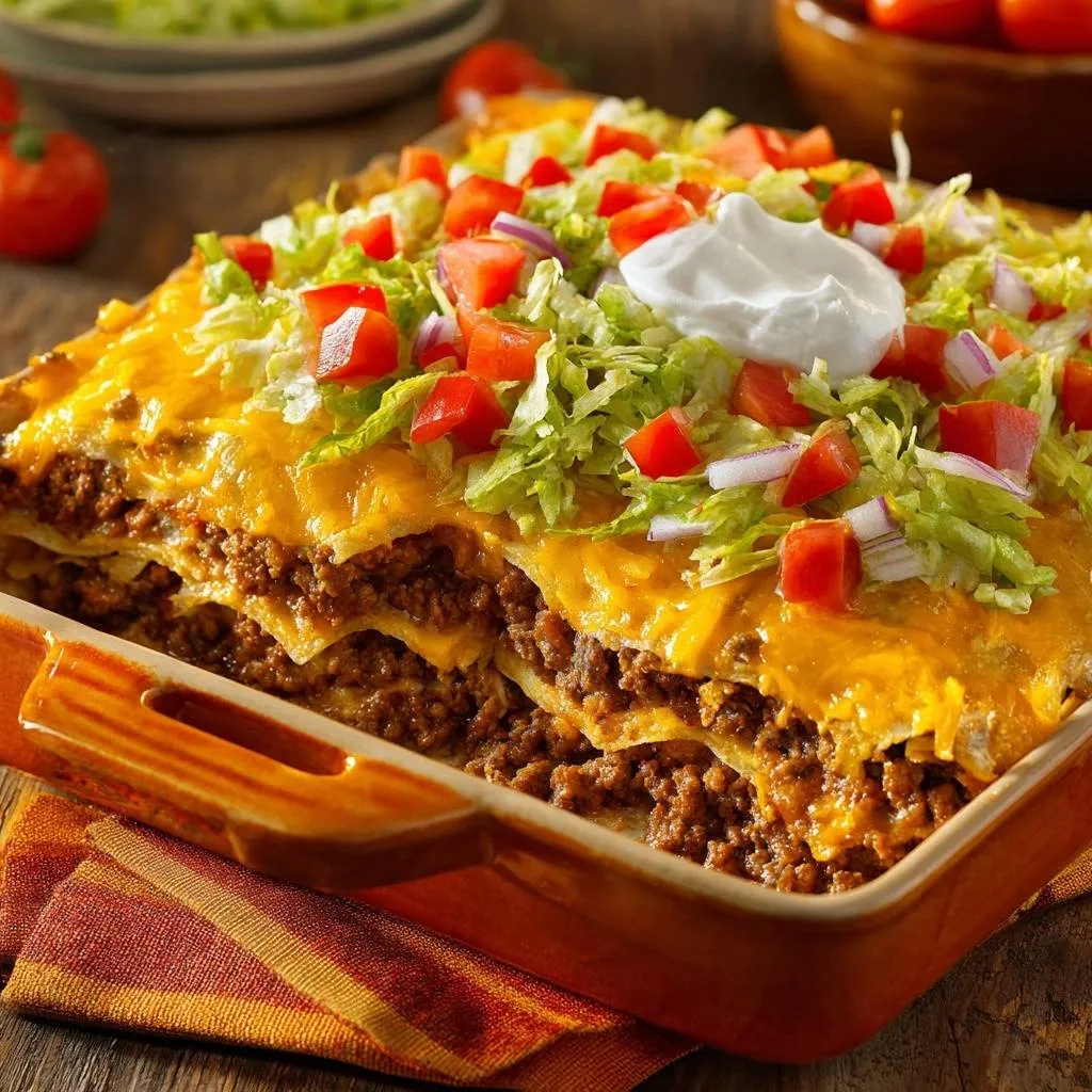 Cheesy beef taco casserole with crispy tortillas shown in a close-up cross-section revealing layers of meat and cheese.