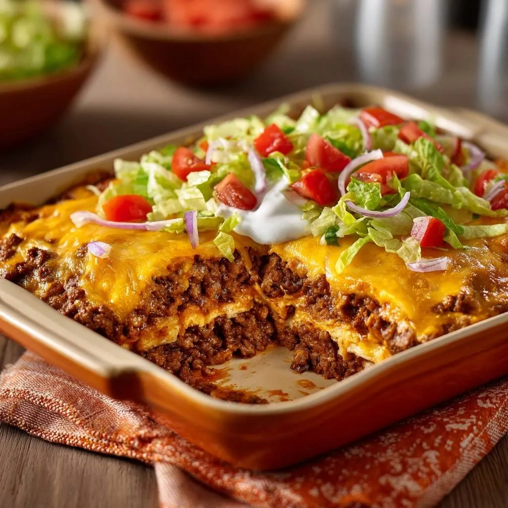 Cheesy beef taco casserole with crispy tortillas shown in a cross-section revealing layers of seasoned ground beef and melted cheese.