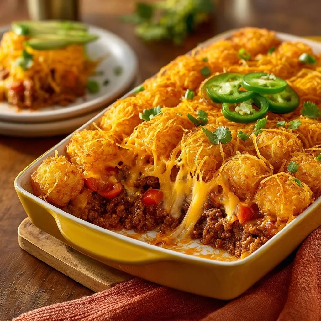 Cheesy beef tater tot casserole with a gooey cheese pull and visible layers, shown in a close-up cross-section.