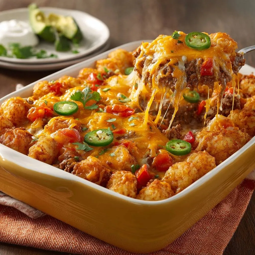 Cheesy beef tater tot casserole with crispy tops, a spoonful being lifted to show melty cheese.
