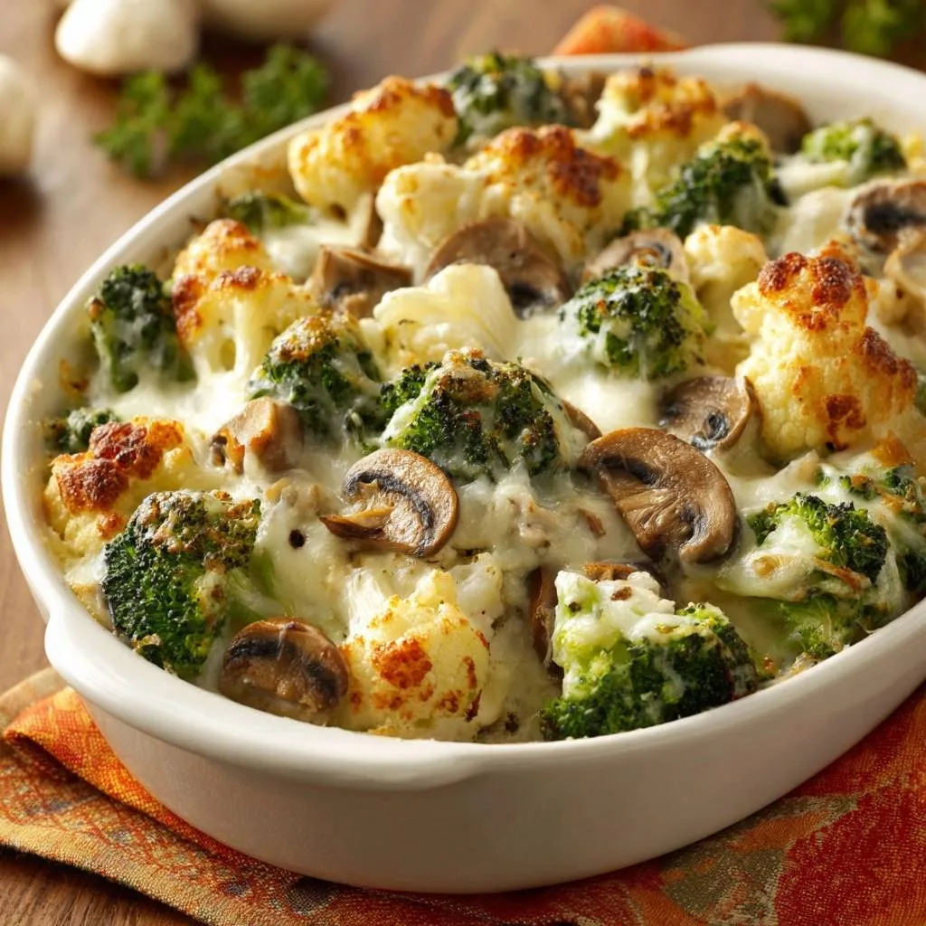 Cheesy broccoli cauliflower mushroom bake shown in a close-up view within a white baking dish.