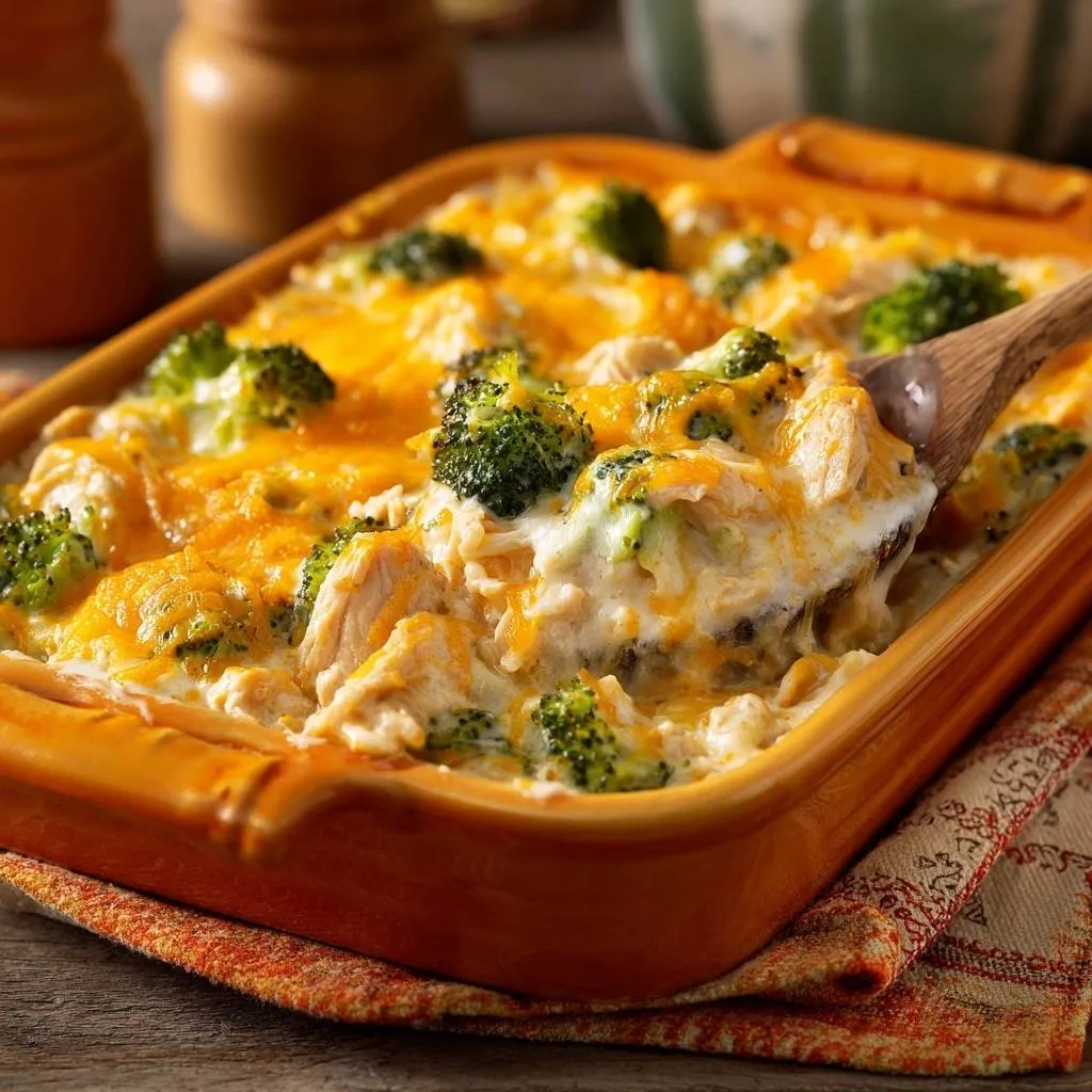 Cheesy broccoli chicken casserole with crisp-tender florets, a wooden spoon scooping a generous serving from the baking dish.