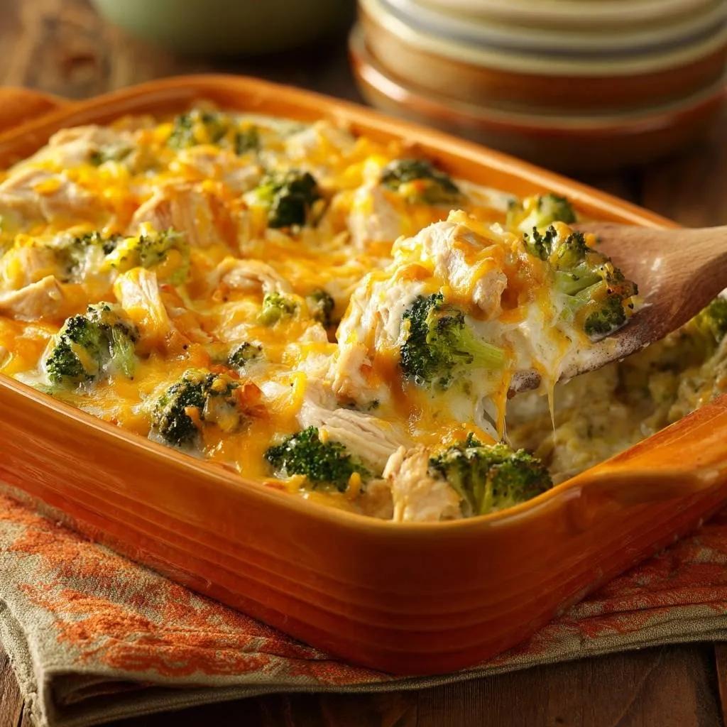 Cheesy broccoli chicken casserole with crisp-tender florets being served on a wooden spoon from the baking dish.