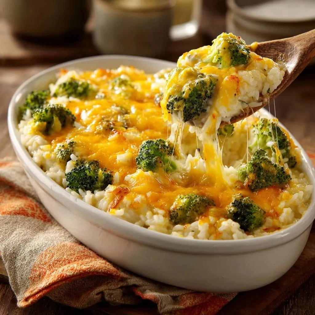 Cheesy broccoli rice casserole with crisp-tender florets being lifted from the dish on a wooden spoon, showing melted cheese.