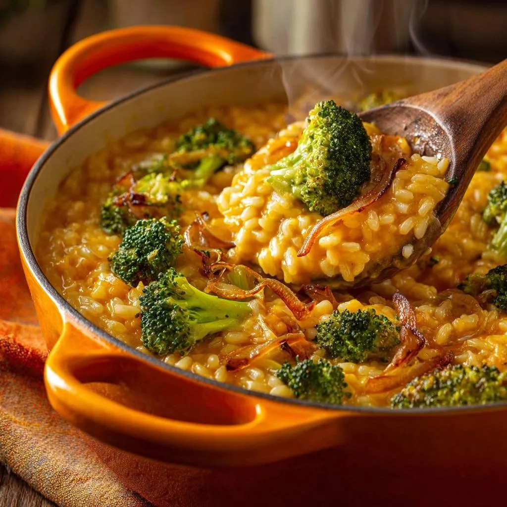 Cheesy broccoli risotto served on a wooden spoon, showing the creamy texture and broccoli florets.