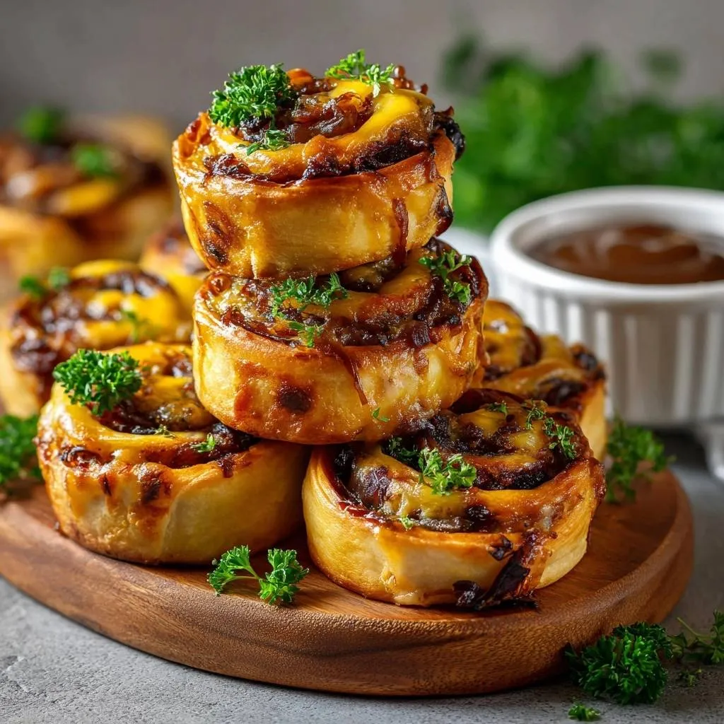 Cheesy caramelized onion beef pinwheels stacked closely together, garnished with fresh parsley, showing a golden-brown pastry.