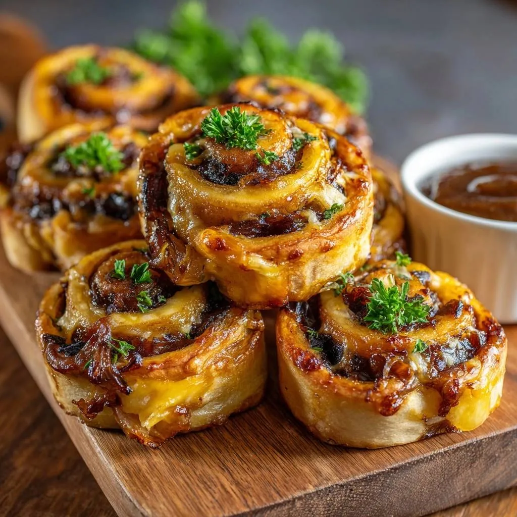 Cheesy caramelized onion beef pinwheels stacked on a wooden board and garnished with parsley, with a dipping sauce on the side.