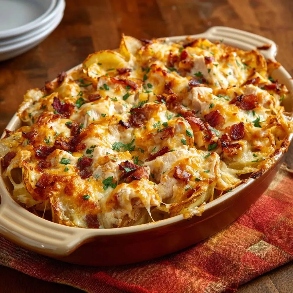 Cheesy chicken bacon potato cauliflower casserole topped with melted cheese and fresh parsley, shown in a close-up view.