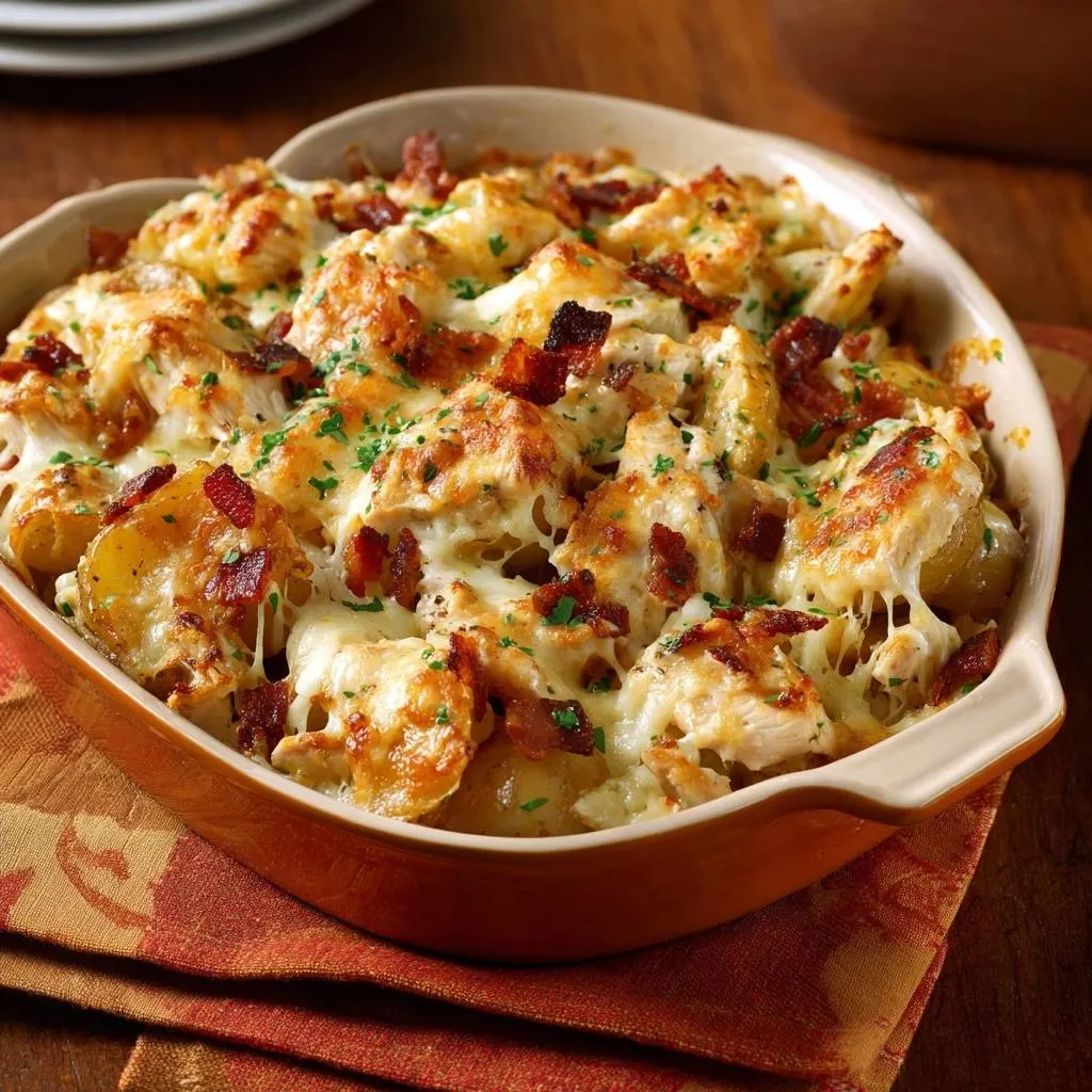 Cheesy chicken bacon potato cauliflower casserole shown in a close-up, bubbling and golden with melted cheese and bacon.