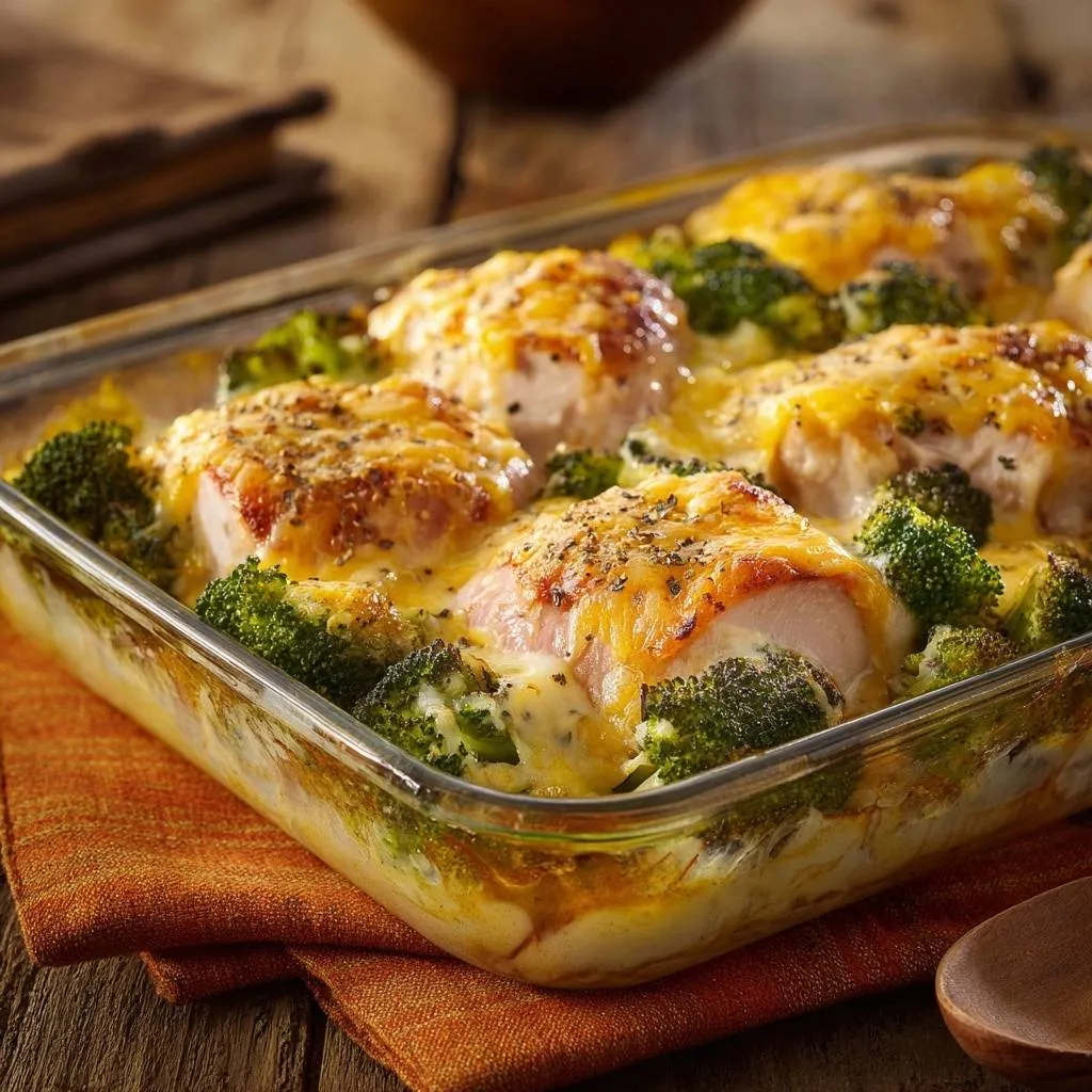 Cheesy chicken broccoli casserole with tender chicken pieces and melted golden cheese in a glass baking dish.