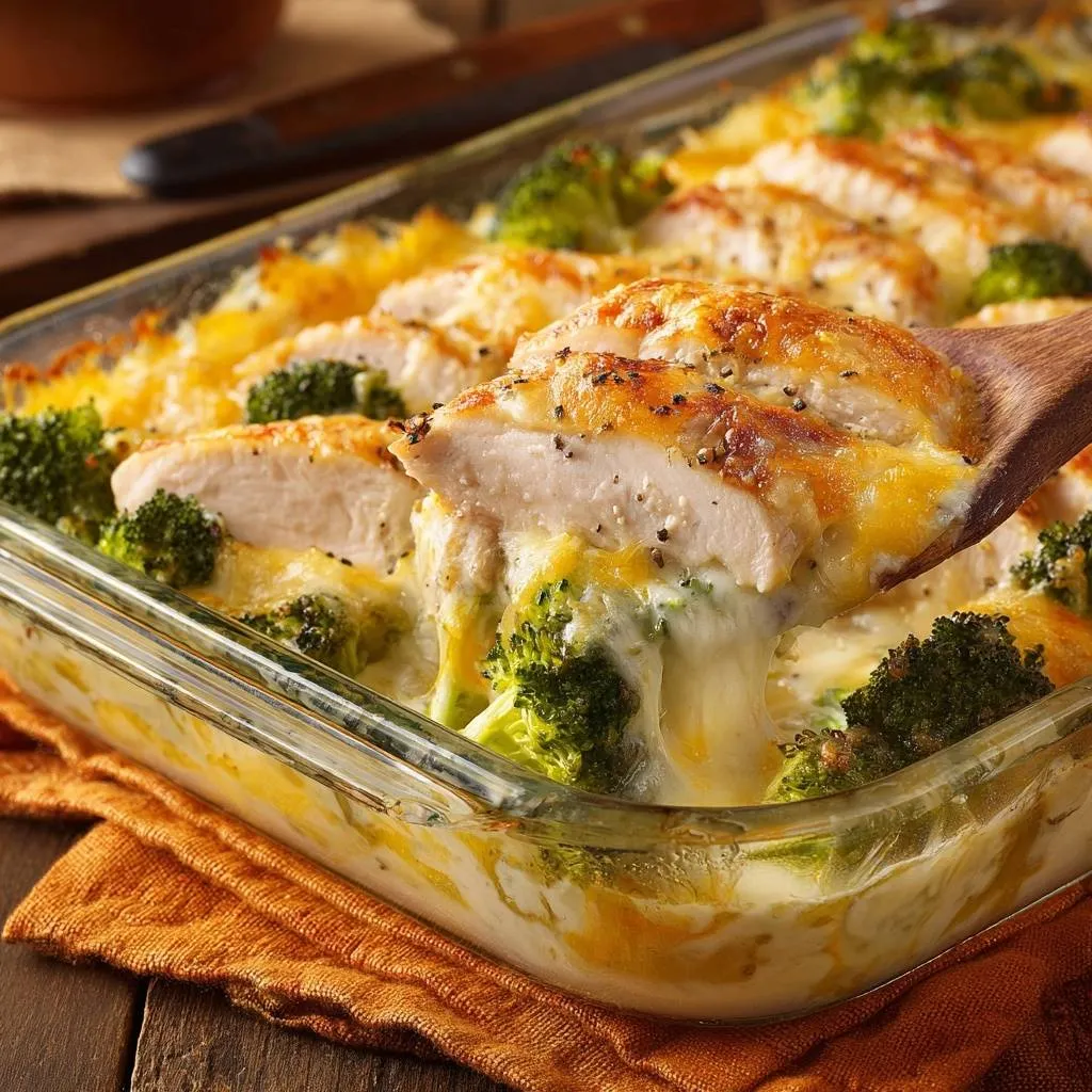 Cheesy chicken broccoli casserole being served with a wooden spoon, showing melted cheese and tender chicken.