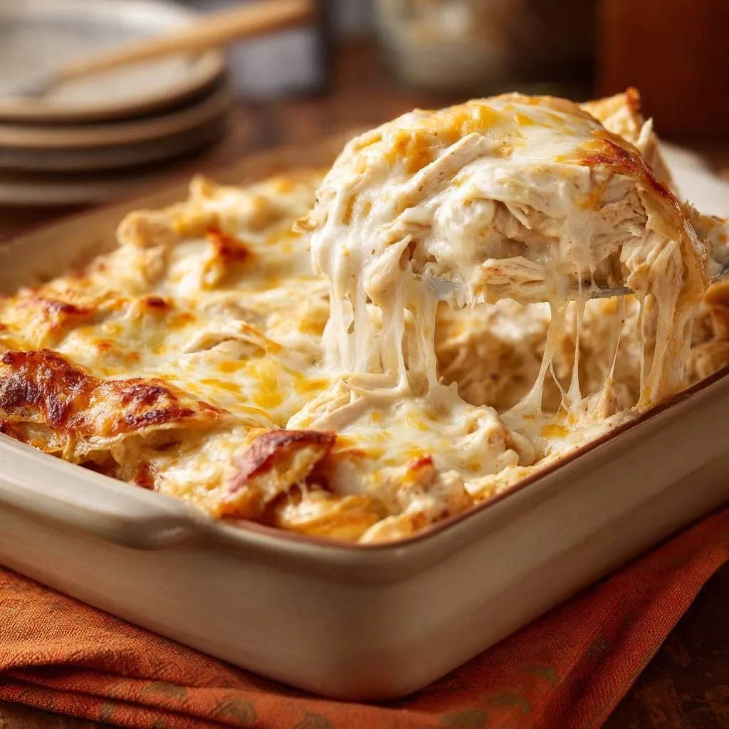 Cheesy chicken noodle bake with a generous pull of melted cheese being lifted from the casserole dish.
