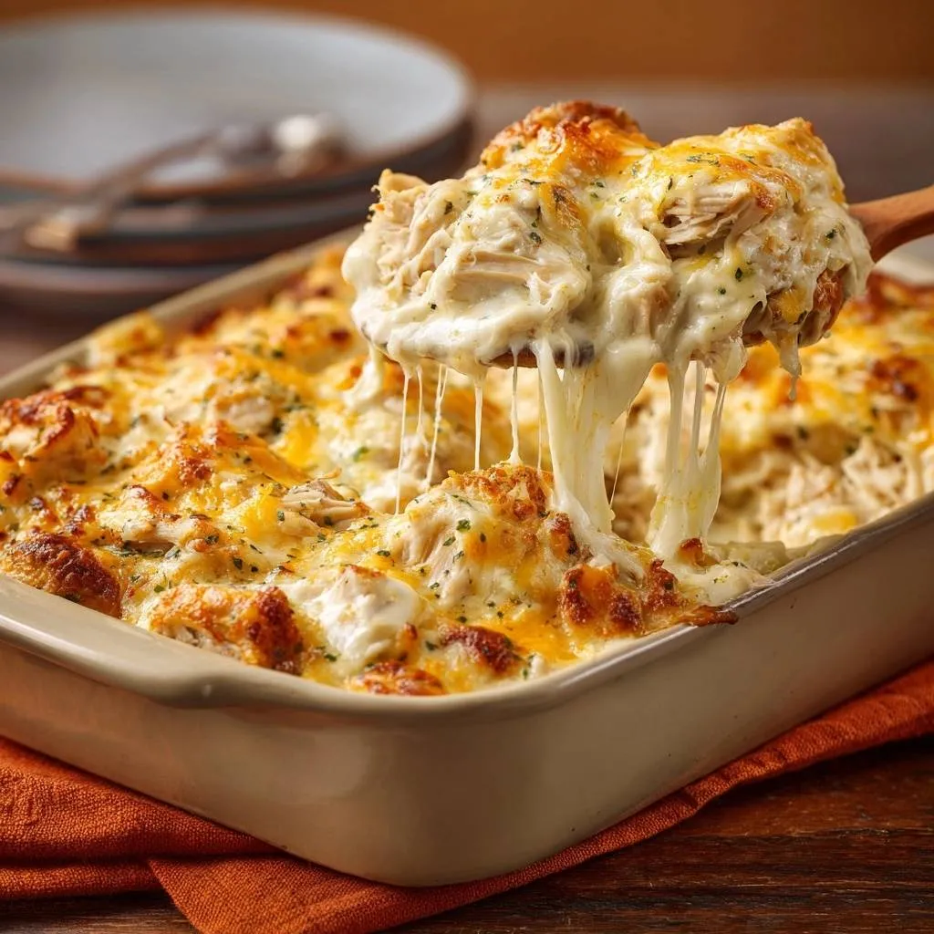 Cheesy chicken pasta casserole with a generous gooey cheese pull being lifted from the dish on a wooden spoon.
