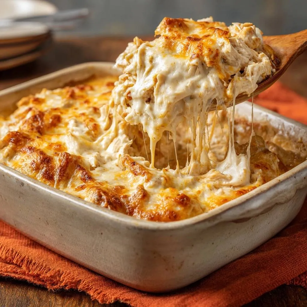 Cheesy chicken pasta casserole showing a generous scoop with a satisfying stretchy cheese pull from the creamy dish.