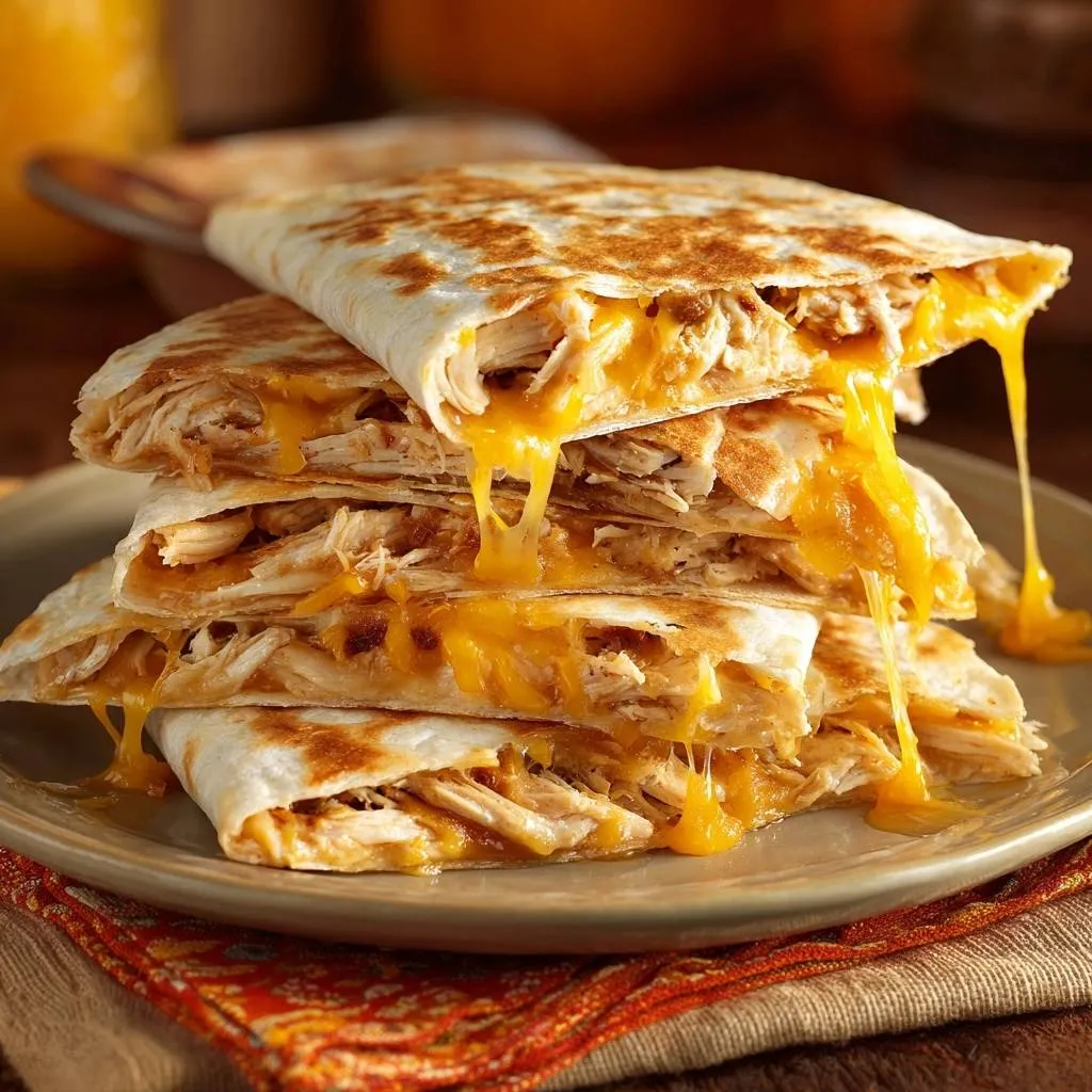 Cheesy chicken quesadillas with a gooey cheese pull, showing the melted cheese stretching between the tortilla layers.